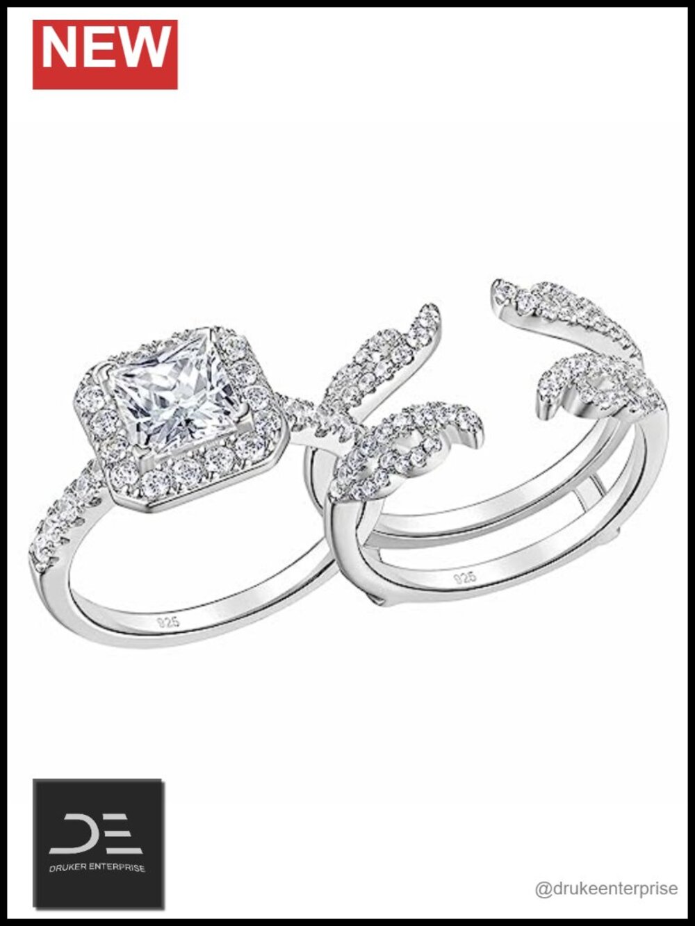 925 Sterling Silver 3 Carat Princess Cut Wedding Ring Set Bridal Engagement